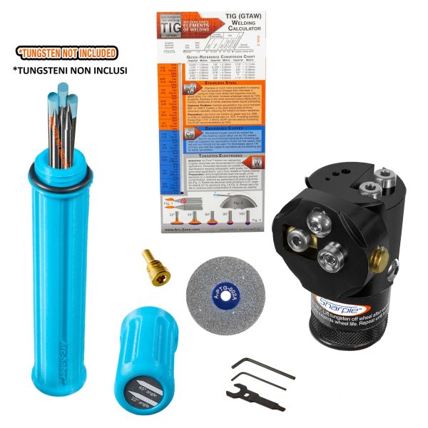 Kit Testa Affila Punta Elettrodo Tungsteno Saldatura TIG Arc-Zone Sharpie DX™ PRO Kit Angolo Regolabile 15°-45° Colore Nero con Contenitore Elettrodi Tungsteno ArcSaber™ e Ruota Diamantata di Scorta Online Hot Sale